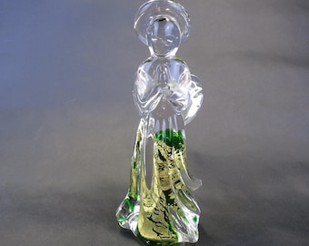 Stunning 7.75" Vintage Heavy Clear Green & Gold Art Glass Angel