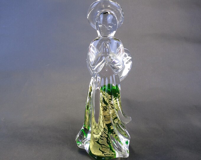 Stunning 7.75" Vintage Heavy Clear Green & Gold Art Glass Angel