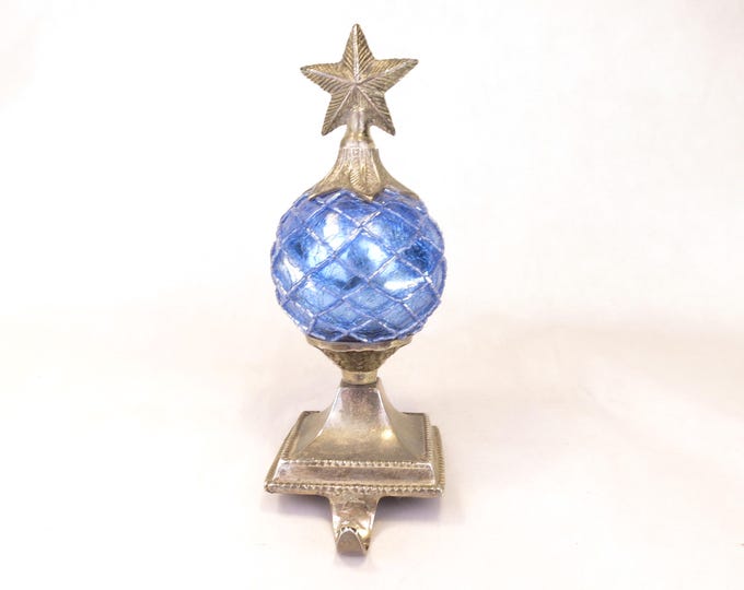 Vintage Blue Ball with Lattice and Star Stocking Holder, Metal 8" tall
