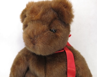 Vintage 1995 Brown Plush Stuffed 11" Bear With A Red Bow Around The Neck From TY