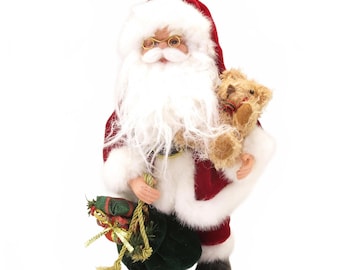 Vintage Santa Claus Doll with Glasses Holding Teddy Bear and Bag of Gifts 12"