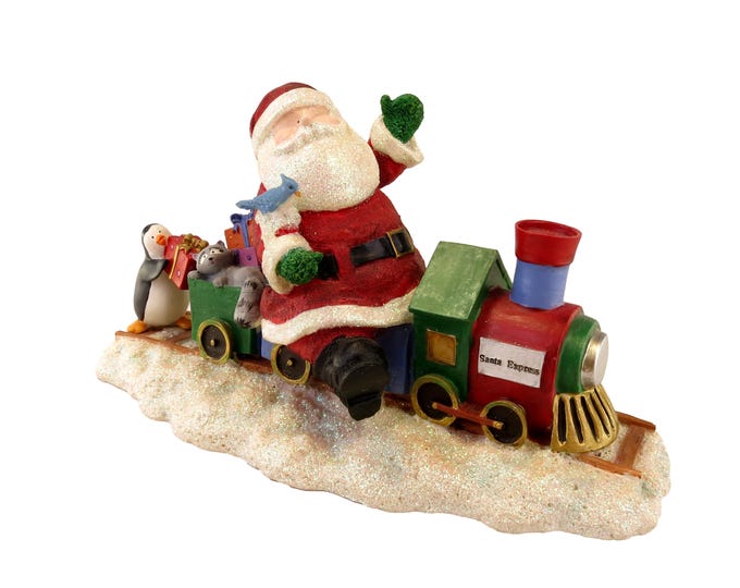 Vintage Santa’s Village “The Santa Express” Santa riding a train with toys, Russ Berrie