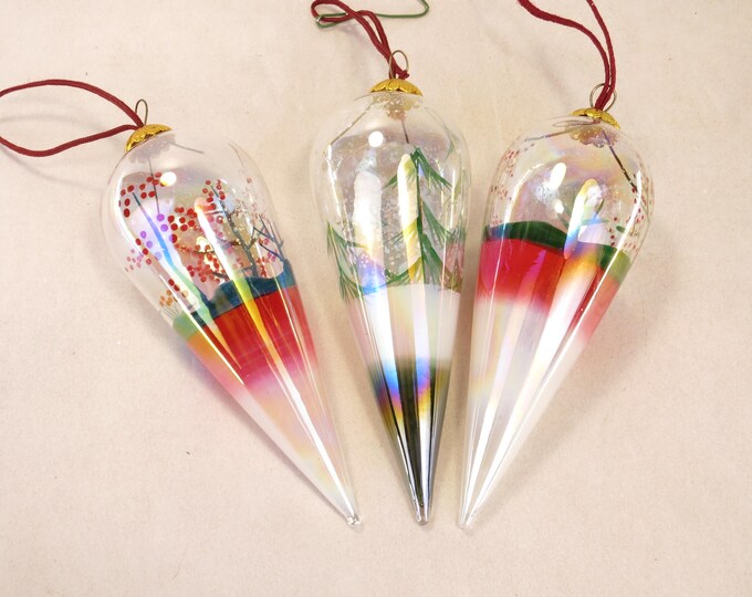 Set of 3 Reverse Glass Painted Ornaments Winter Scenes 5" tall