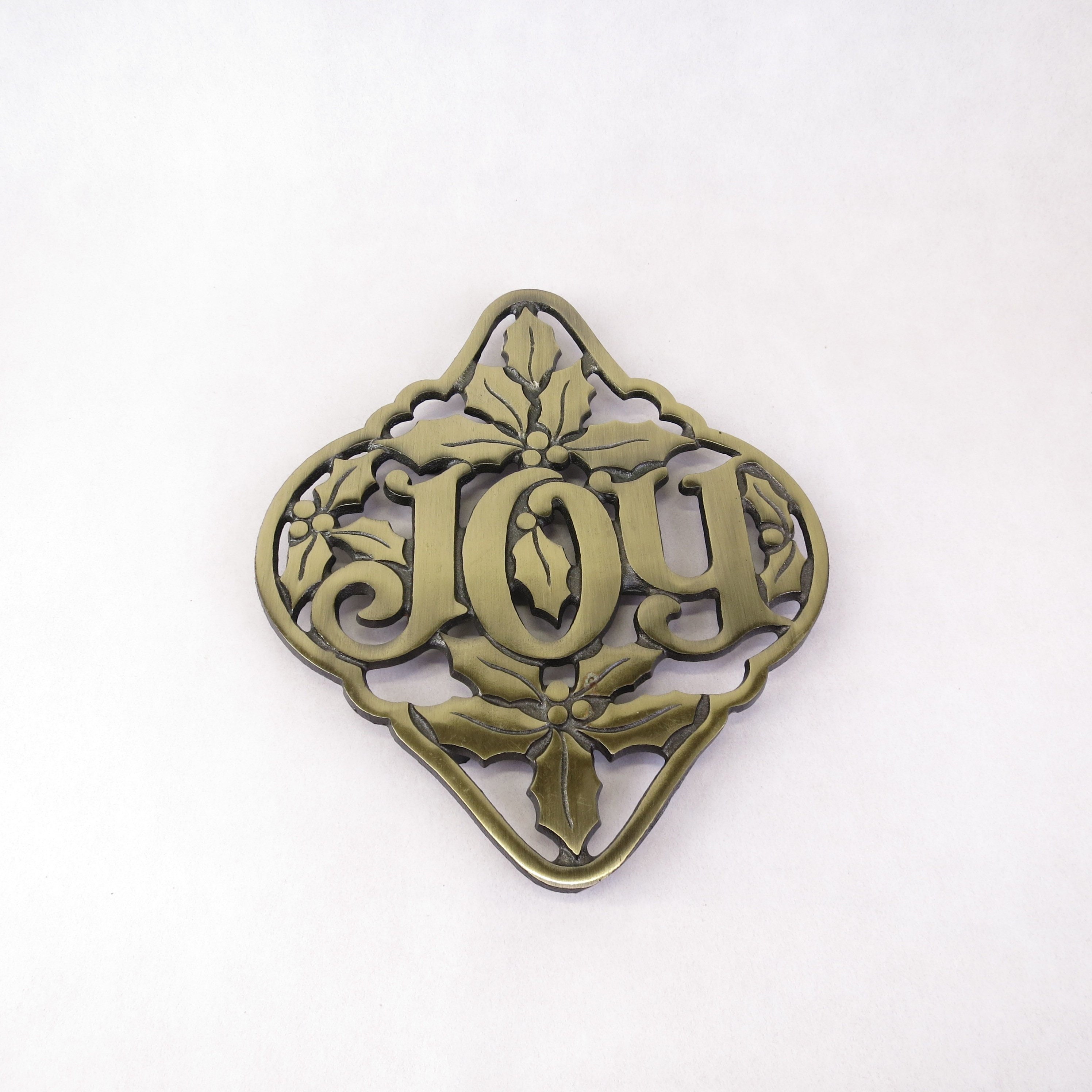 Vintage Joy Brass Christmas Trivet Holiday Decor with Holly Design