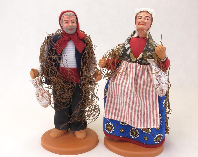 Two French Santon de Provence 7.25" Terracotta Clay Dolls Claude Carbonel Fisherman & Fishing Woman