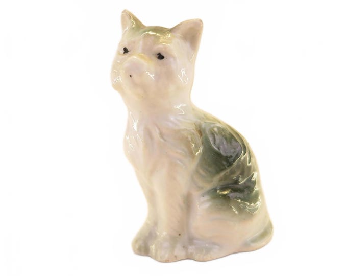 Vintage Yoko Boeki Nippon Japan Cat Figurine with Grey & White Fur 2.3"