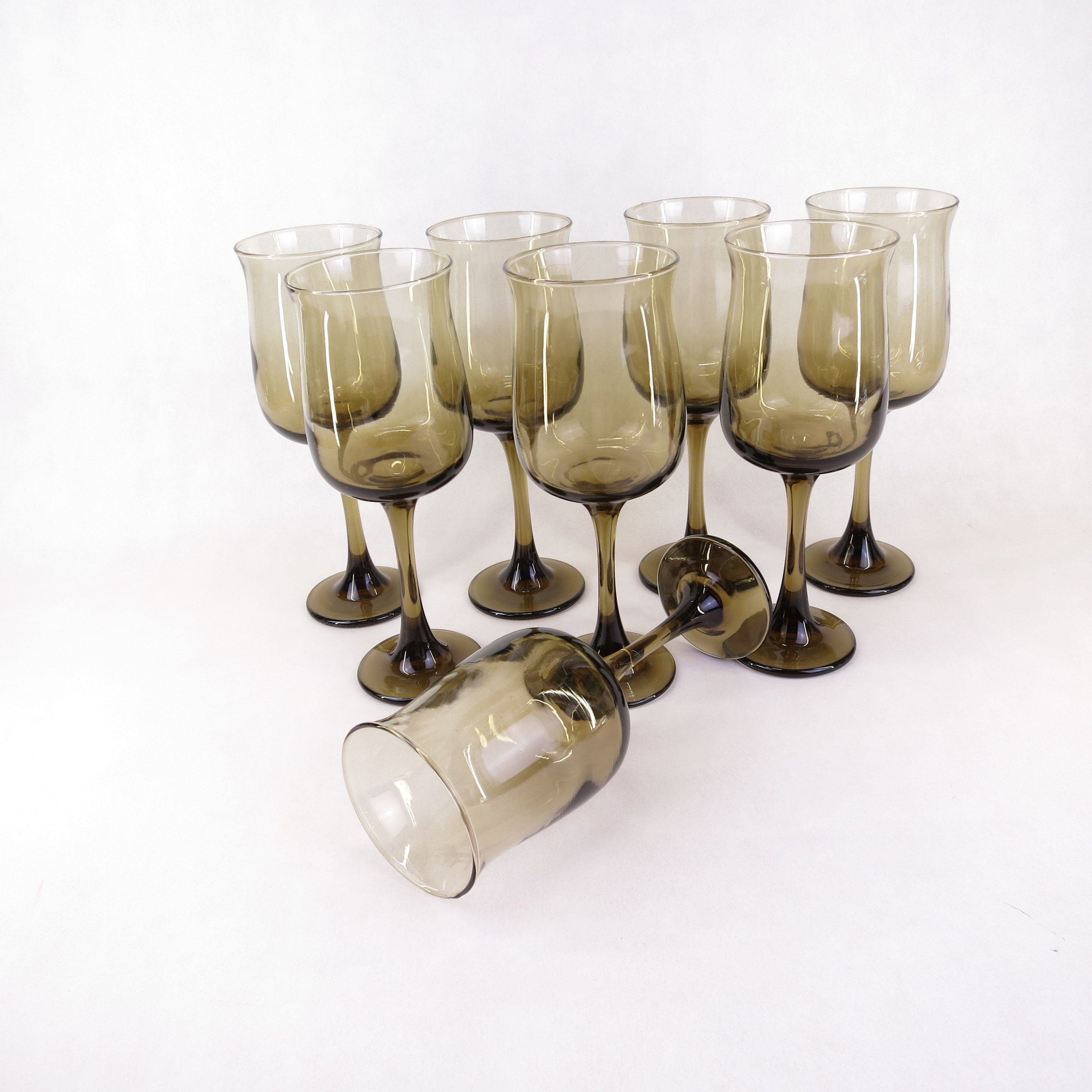 Vintage Barware Stemware Mid Century Smoke Glass Goblets Set of 2 Wine Glasses Water Glasses