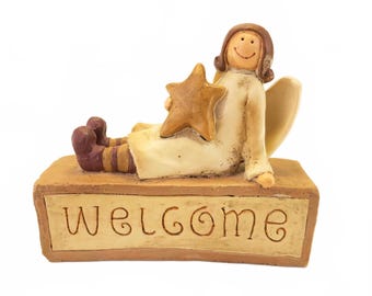 Primitive Welcome Angel Block Figurine Shelf Sitter 4.25" Tall