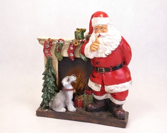 Vintage Santa Standing at the Fireplace Statue with Schnauzer Dog 9.5"