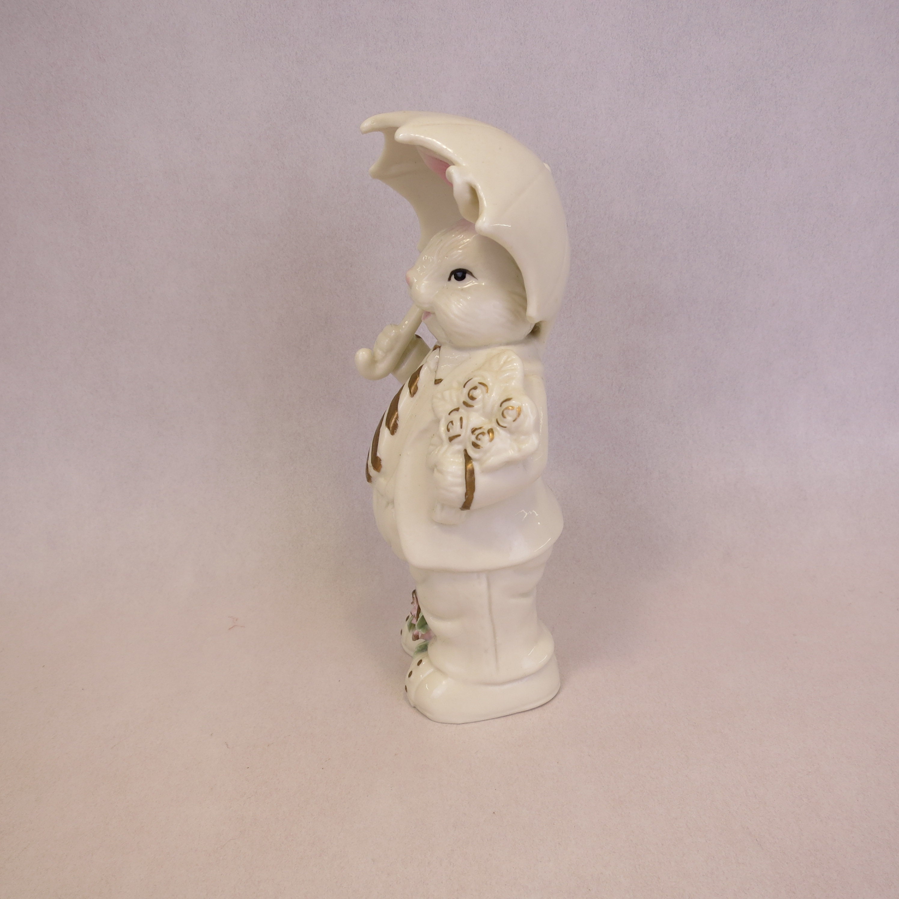 K's Collection White Bunny with Umbrella Pink Flowers & Golden Accents