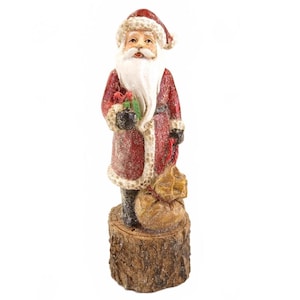 Tall Skinny Vintage Santa Claus with Bag on Stump Hand Painted 8&quot; Retro