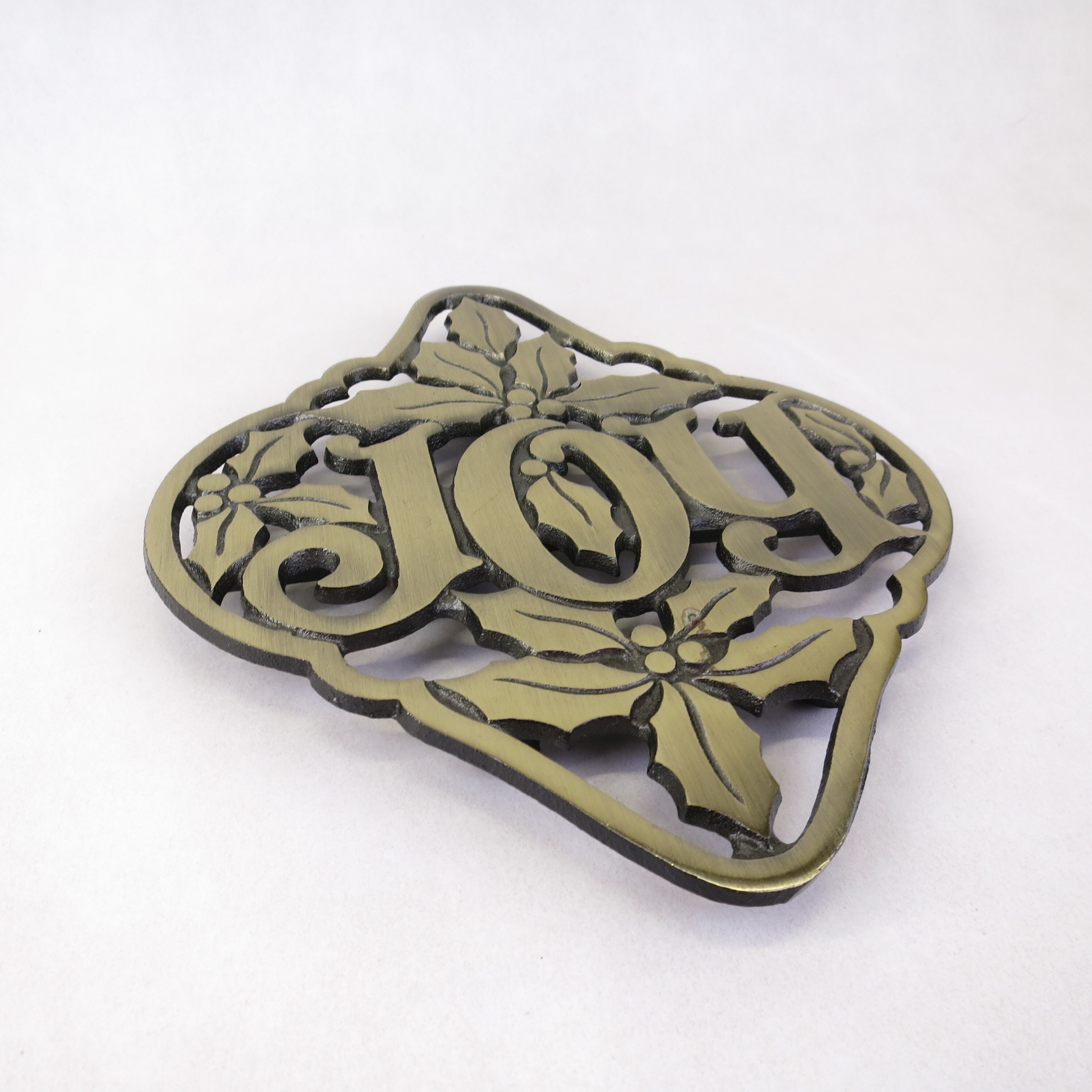 Vintage Joy Brass Christmas Trivet Holiday Decor with Holly Design