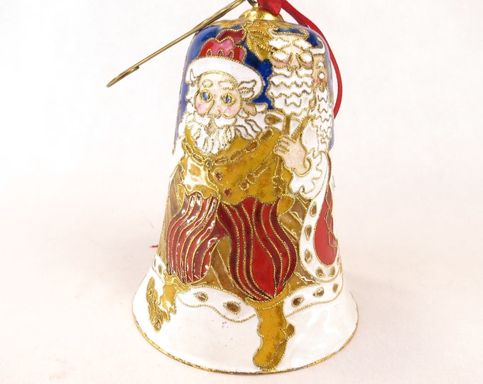 Dillards Trimmings Vintage Cloisonne 2004 Mask Santa Christmas Bell Ornament with Red Velvet Box