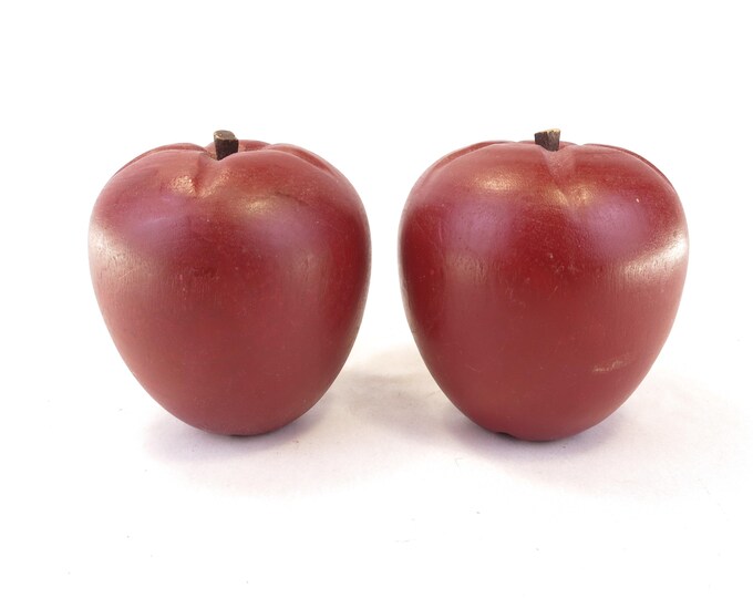 2 Vintage Carved Wood Apples 3.25" Fruit Retro Fabulous Decor