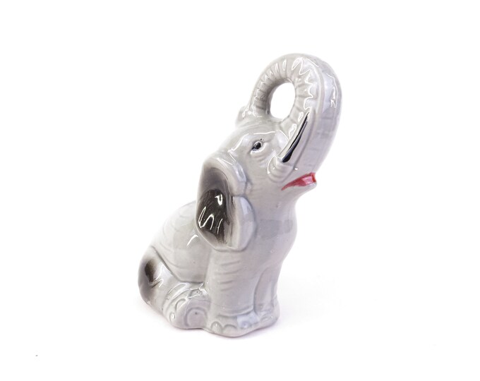 Grey Vintage Ceramic Elephant Figurine Raised Trunk Kitschy Hand Crafted in Brazil
