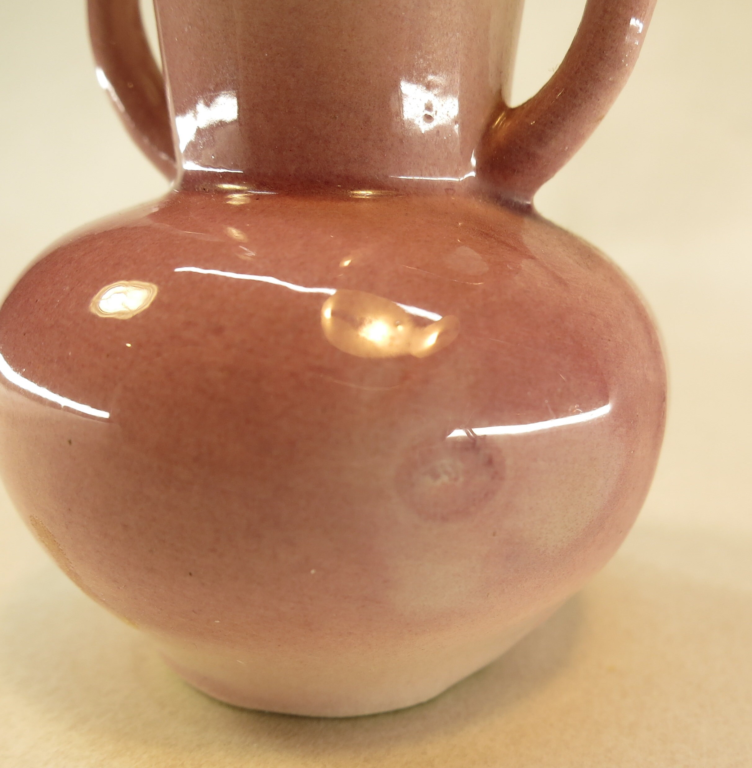 Vintage Miniature Ceramic Glazed Pink/White Vase with Handles