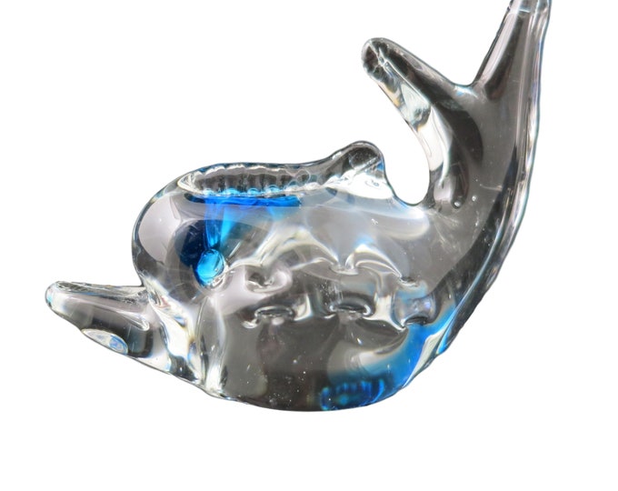 Vintage Blown Glass Blue & Clear Dolphin Paperweight