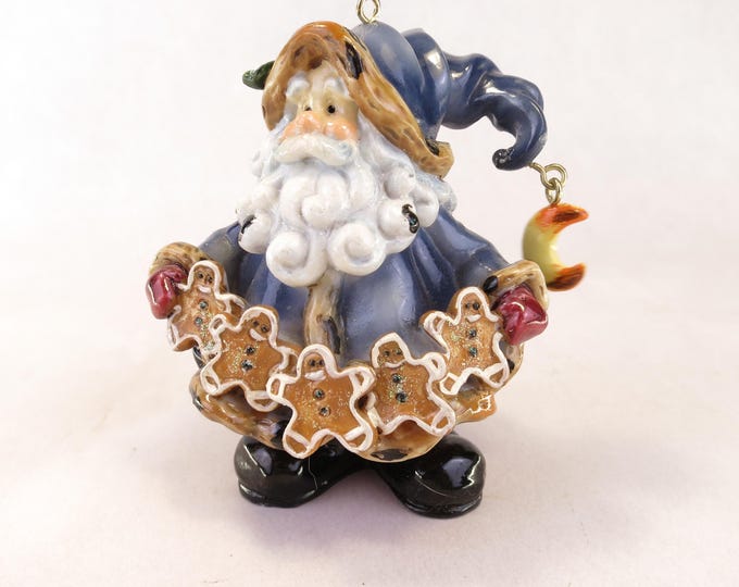 Whimsical Santa with Gingerbread Cookies Vintage Blue Santa Christmas Ornament