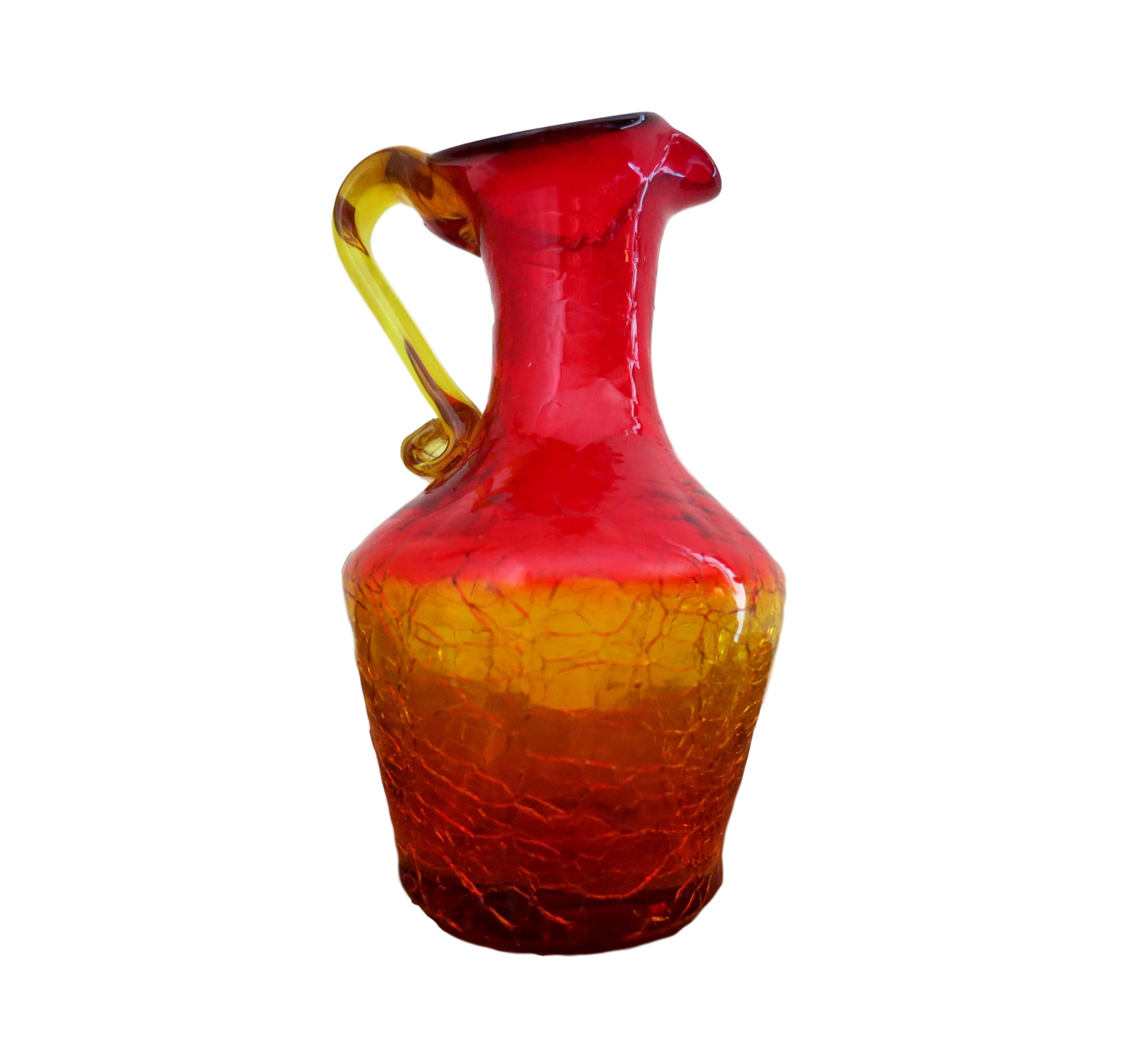 Vintage Hamon Glass Kanawha Glass Hand Blown Crackle Mini Glass Pitcher  Red/Amber 4 1/2 #1125
