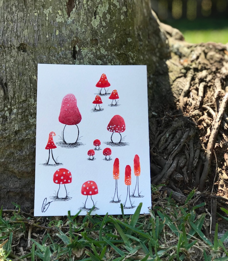 Red Watercolor Mushroom Patch
