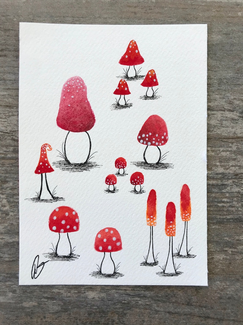 Red Watercolor Mushroom Patch