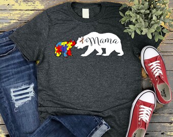 Mama Bear Autism Awareness Shirt, Autism Awareness month, Mom of Autistic Child, Special ED teacher, Autism Ribbon, Autism Puzzle
