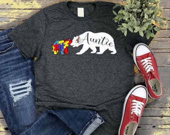 Auntie Bear Autism Awareness Shirt, Autism Awareness month, Autistic Child Aunt, Autism Support, Autism Ribbon Shirt, Autism Puzzle Shirt