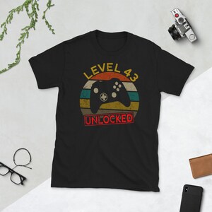 43rd Birthday T Shirt, Level 43 Unlocked, 43 Years Old Video Game Shirt, Gaming Shirt Forty Third Birthday Men Women Gift 43rd Anniversary