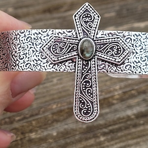 Pulsera de labradorita, pulsera de cruz, plata, pulsera ajustable, pulsera ajustable, pulsera de puño, pulsera religiosa
