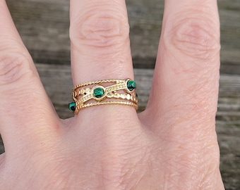 Gold ring, gold ring, stone ring, green stone ring, malachite stone ring, stainless steel ring, adjustable ring, multi-row ring