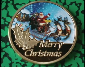 Merry Christmas Santa Reindeer Colorized Art Coin