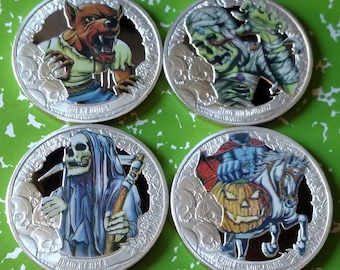 Crypt Keepers 4-pc Set - Werewolf, Mummy, Grim Reaper, Headless Horseman Halloween Colorized Art Coin Set