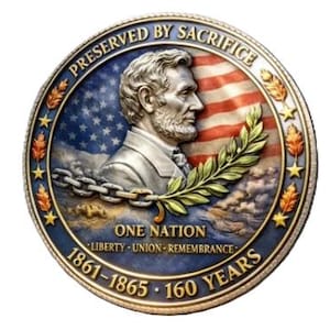 May include: A circular commemorative coin featuring a relief portrait of Abraham Lincoln, a waving American flag, a broken chain, and a laurel branch. Text includes PRESERVED BY SACRIFICE, ONE NATION, LIBERTY UNION REMEMBRANCE, and 1861-1865 160 YEARS.