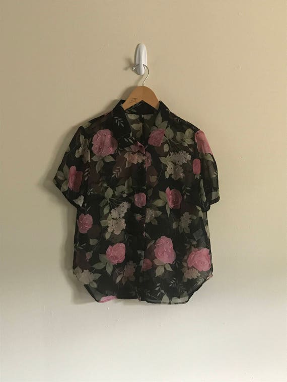 Vintage 80s Pink Rose Print Sheer Short Sleeve Shi