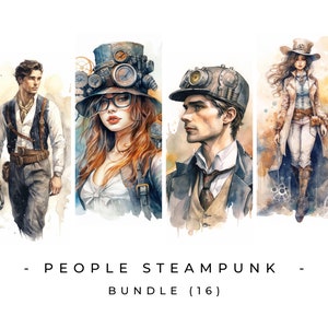 Watercolor Steampunk ClipArt, People, Transparent PNG, Victorian Clipart Bundle, Fantasy Clipart, Commercial Use, Instant Digital Download