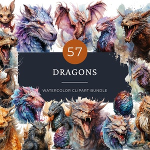 Dragons Watercolor Clipart Bundle - 57 Magical Fairytale Illustrations Cute Storybook PNG Instant Digital Download Commercial Use