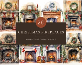Christmas Fireplace Watercolor ClipArt Bundle Transparent PNG, Christmas Bundle ClipArt, Printable Christmas Art, Free Commercial Use