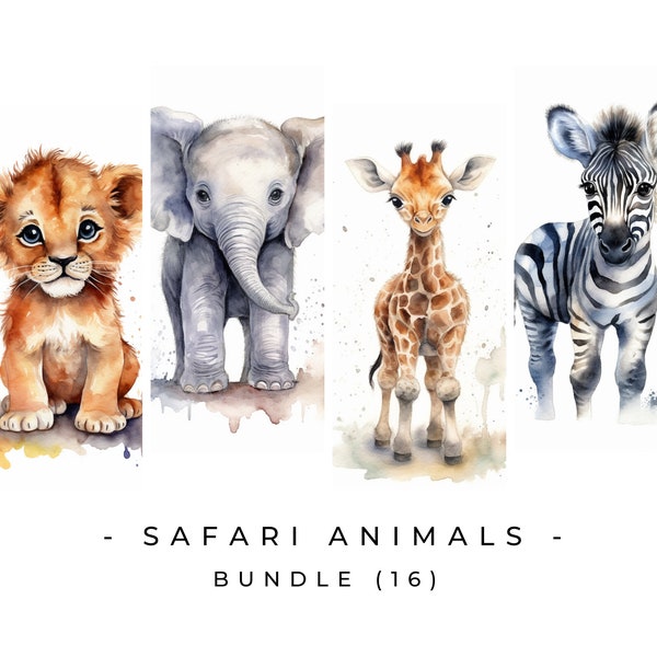 Paquete de imágenes prediseñadas de animales de Safari en acuarela, jirafa, león, cebra, PNG transparente, imágenes prediseñadas de vivero, uso comercial, descarga digital instantánea