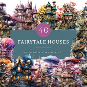 Fairytale House Watercolor Clipart Bundle Magical Fairytale Mushroom House Cute Fantasy Book PNG Digital Download Commercial Use Scrap Book