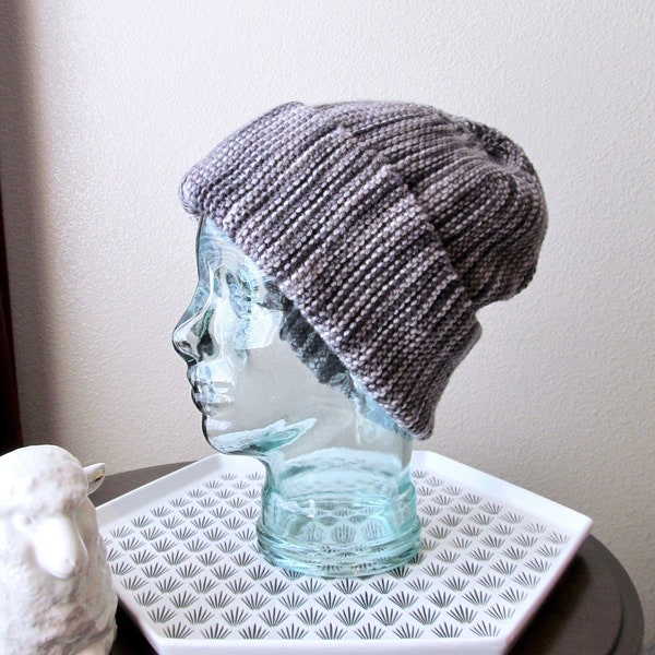 OOAK Soft Merino Wool Slouchy Folded Brim Watch Cap Garter Beanie Toque - Hand Dyed Tonal Gray Grey Gradient - Unisex Men's Ladies' - 22"