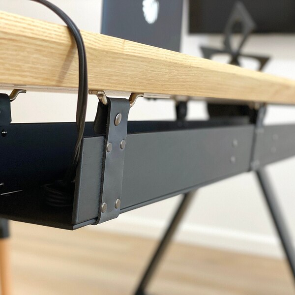 Foldable Under Desk Cable Organizer Basket | Executive Wood Desk Cord Management Storage Tray with Leather Straps