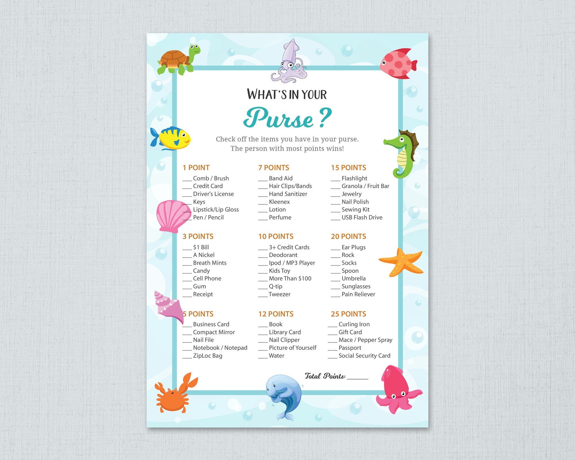 Whats in Your Purse Baby Shower Games Printable Ocean Theme