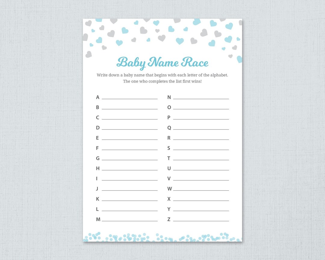 Baby Name Race Game Printable, Blue Hearts Confetti, Boy Baby Shower ...