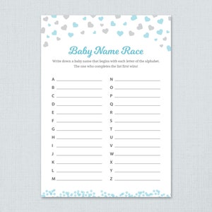 Baby Name Race Game Printable, Blue Hearts Confetti, Boy Baby Shower Games, Shower Activities, A-Z Baby Names, Alphabet Baby Names, B008
