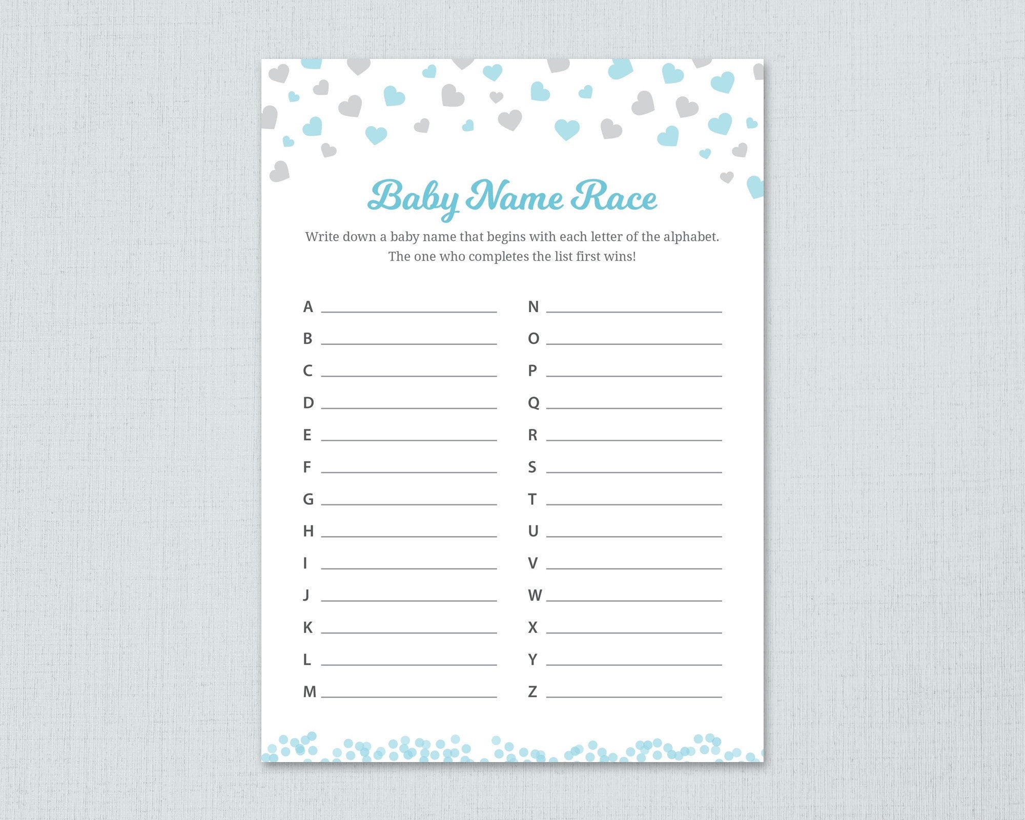 Baby Name Race Game Printable, Blue Hearts Confetti, Boy Baby Shower ...