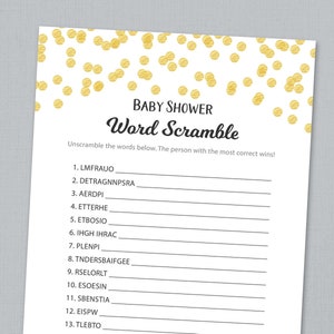 Word Scramble Game Printable Baby Shower Games Gold Etsy
