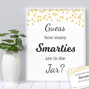 Guess How Many Smarties Game Printable, Baby Shower Games, Gold Confetti, Guess How Many Chocolates, Shower Activity, Cards and Sign, B001