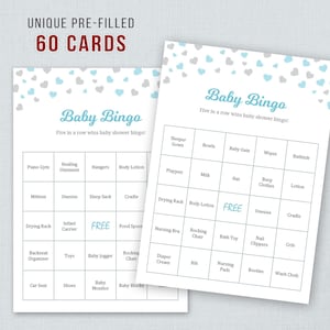 60 Baby Bingo Cards Printable, Prefilled Baby Words, Boy Baby Shower Activity, Blue Silver Grey Hearts, Instant Download, Bingo Game, B008