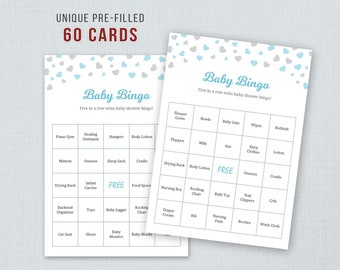 60 Baby Bingo Cards Printable, Prefilled Baby Words, Boy Baby Shower Activity, Blue Silver Grey Hearts, Instant Download, Bingo Game, B008