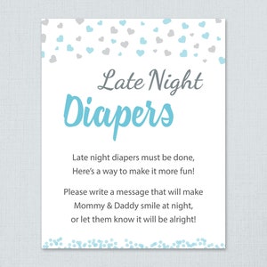 Late Night Diapers Game Sign Printable, Boy Baby Shower Activity, Blue Grey Hearts Confetti, Instant Download, Diaper Thoughts Message, B008